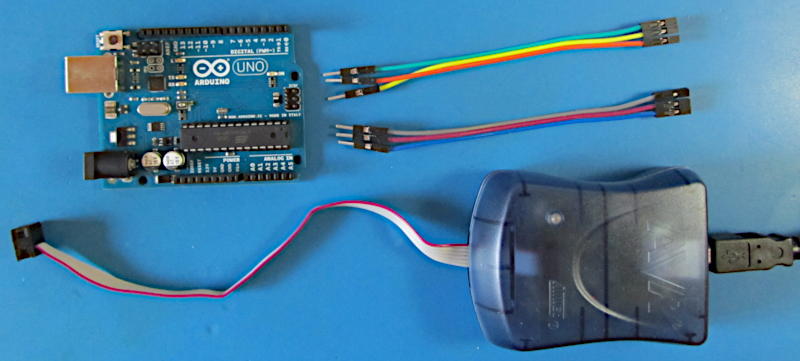 Wire connectors used to connect the ISP plug to the ICSP header for the ATmega16U2 of an Arduino Uno
