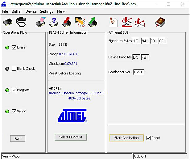 ATmega16U2 Programming Complete in the FLIP Software